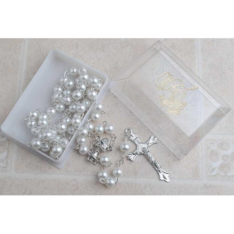 First Communion Glass Pearl Rosary with Silver Pin and Chain (6mm)