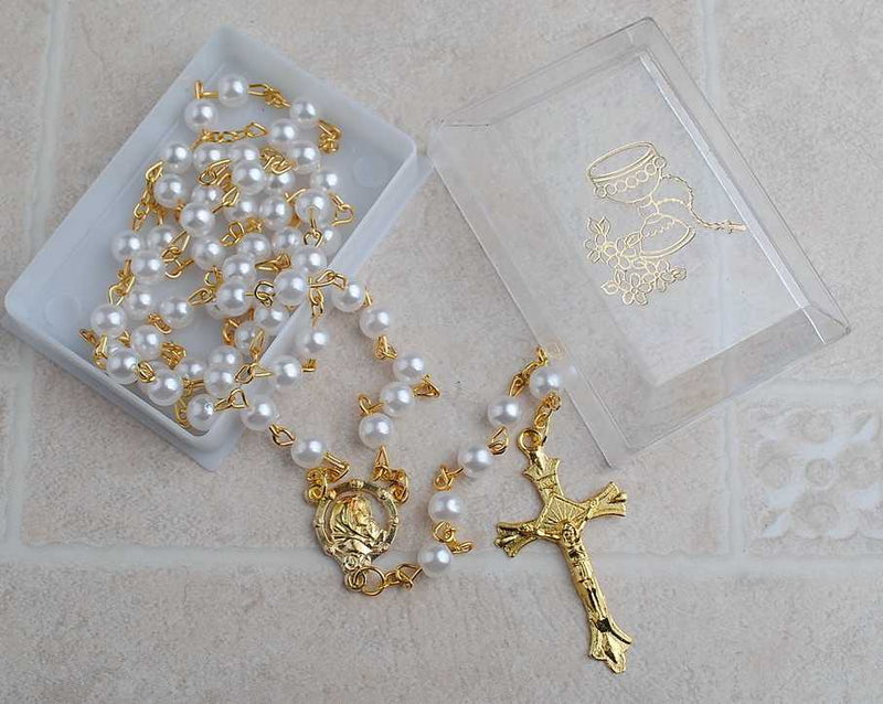6mm Madonna with Child center Communion Rosary with Gold Pin and Chain