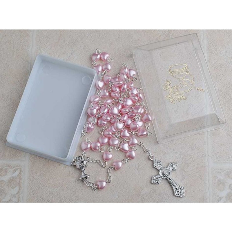 First Communion Heart Shaped Pink Rosary with Silver Pin and Chain (6mm)