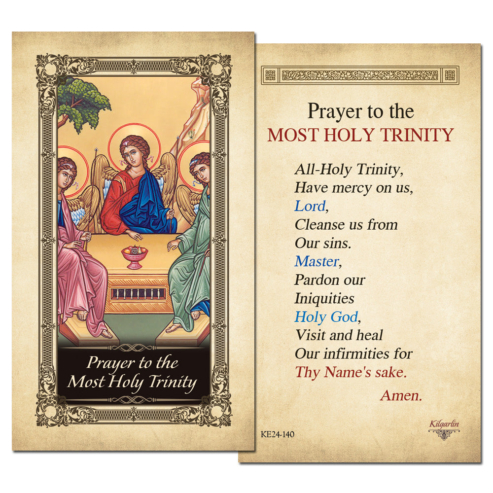 Back of Most Holy Trinity Kilgarlin Laminated Prayer Card featuring a Catholic prayer for mercy, forgiveness of sins, healing, and the grace of the Holy Trinity.