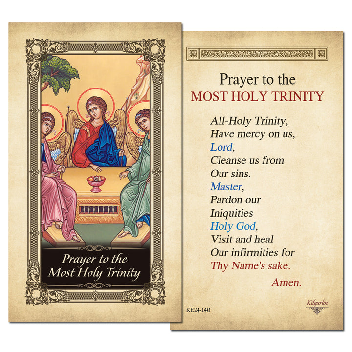 Back of Most Holy Trinity Kilgarlin Laminated Prayer Card featuring a Catholic prayer for mercy, forgiveness of sins, healing, and the grace of the Holy Trinity.