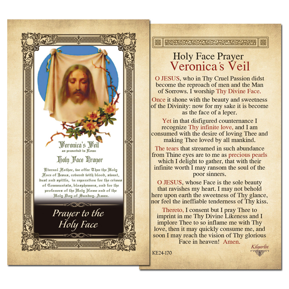 Holy Face Prayer Card back with Veronica's Veil prayer and traditional Catholic devotional text