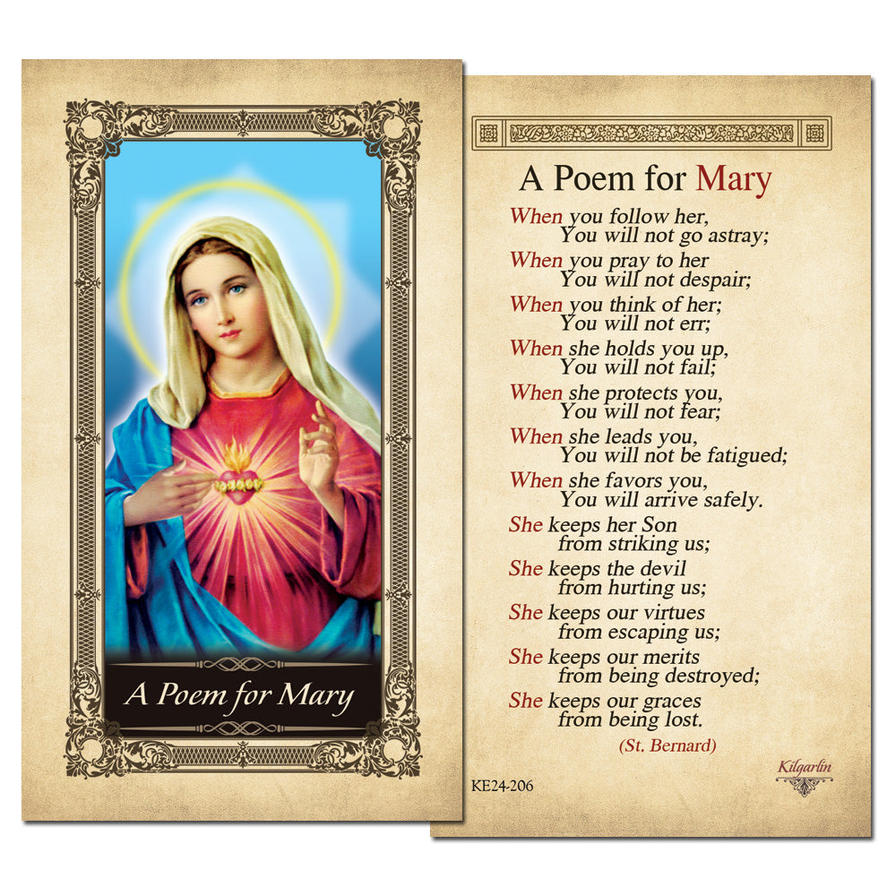 A Poem for Mary Prayer Card back with St. Bernard Marian poem about Mary's guidance and protection