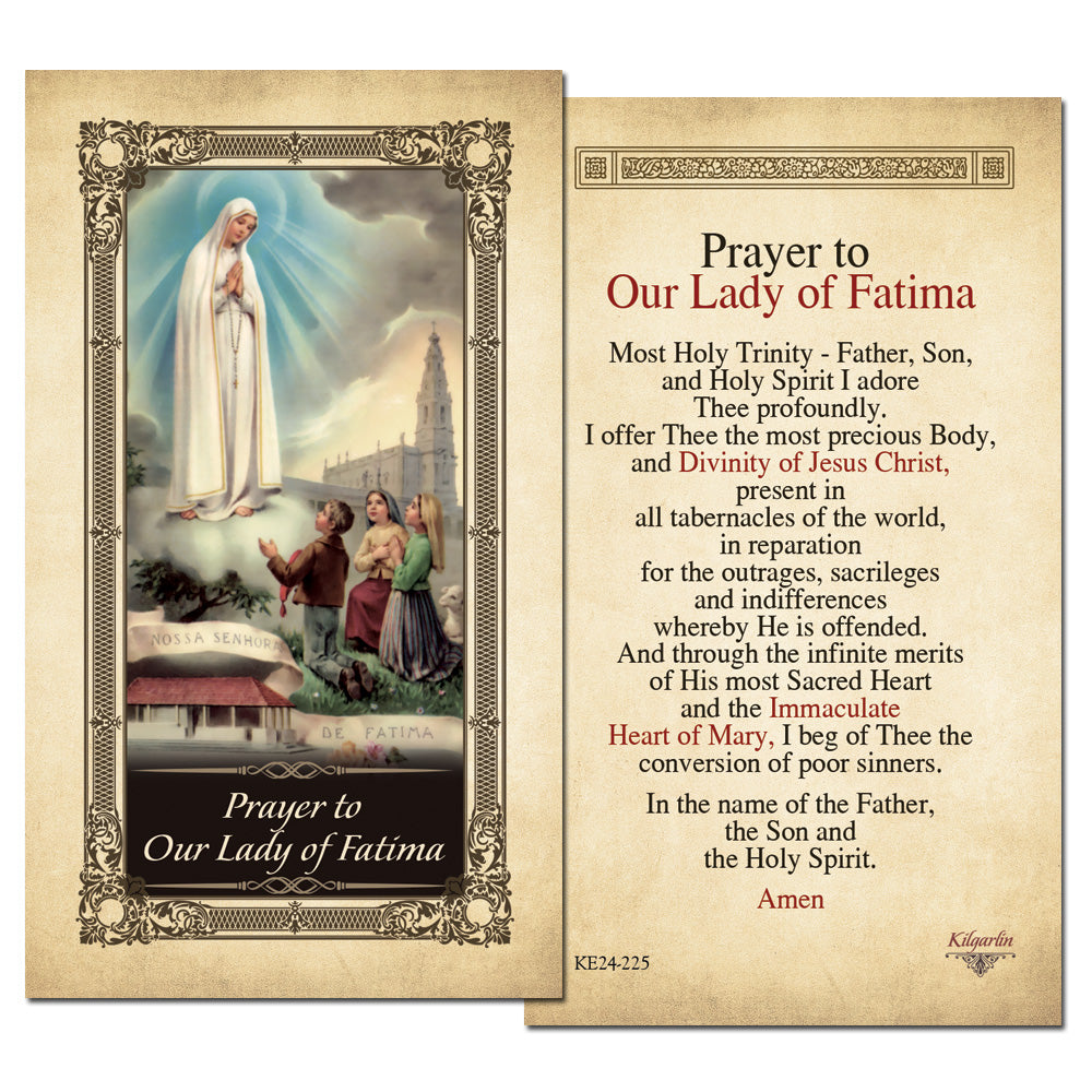 Our Lady of Fatima Prayer Card back with Catholic prayer of adoration, reparation and conversion of sinners