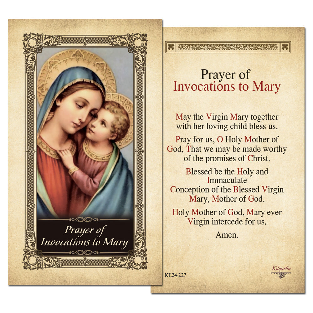 Prayer of Invocations to Mary laminated Catholic prayer card with Marian invocation prayer text