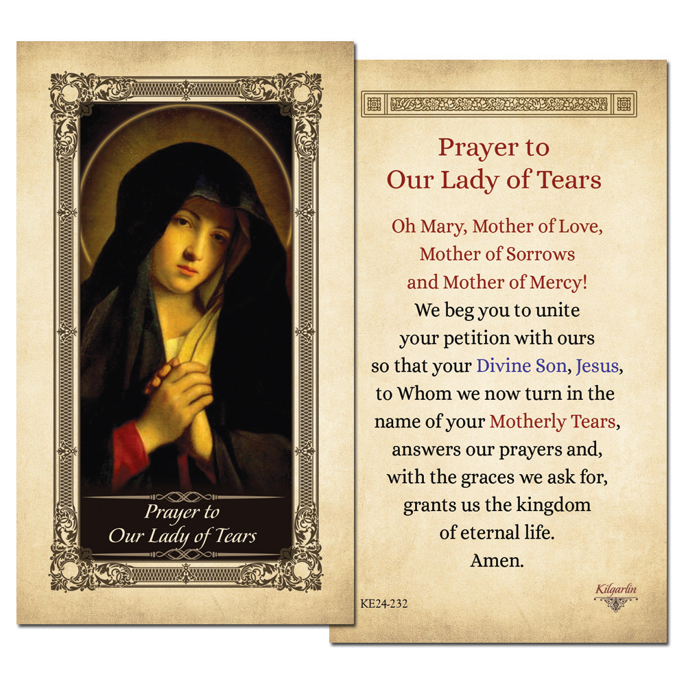 Our Lady of Tears Prayer Card back with Catholic prayer for grief, mercy and Mary's intercession