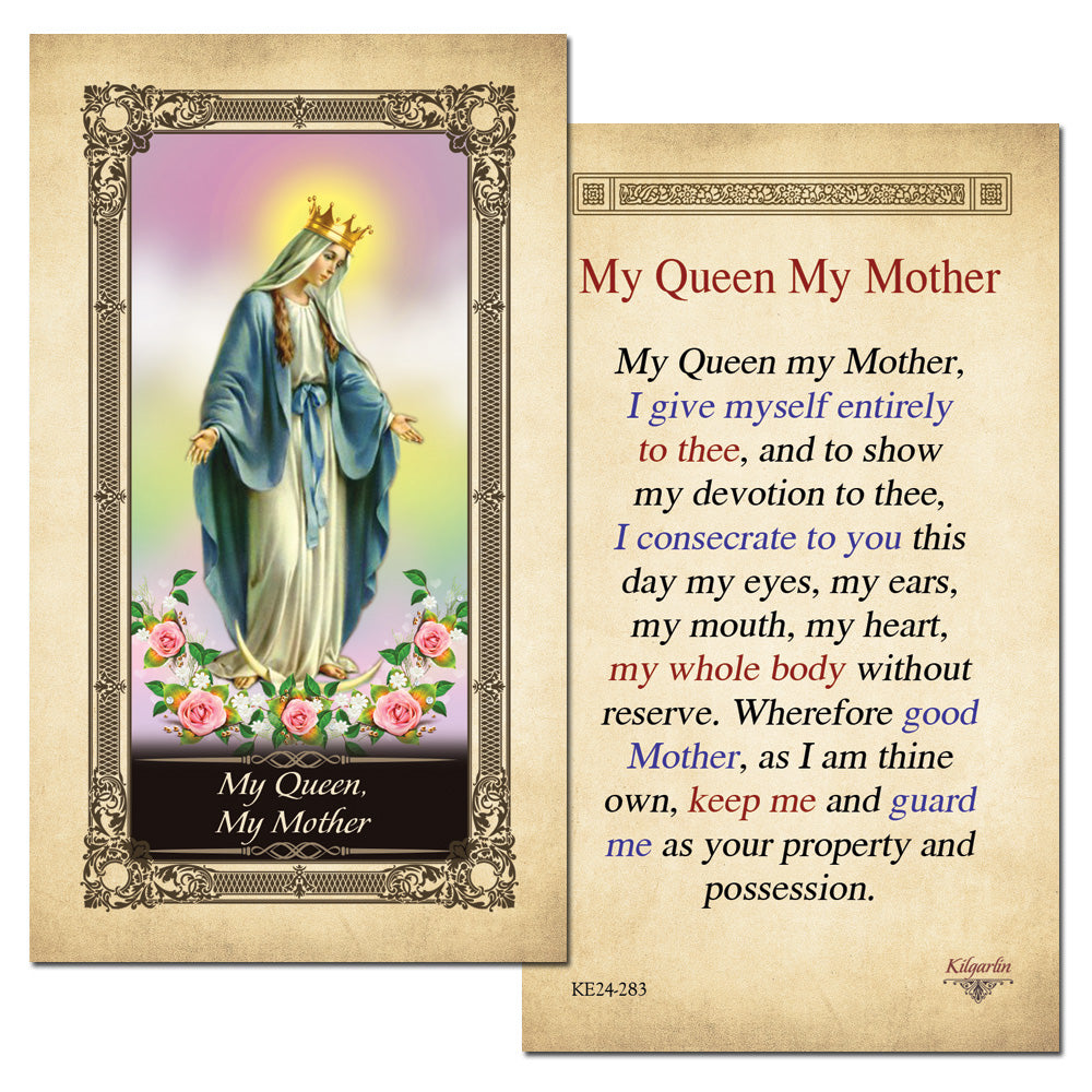 My Queen My Mother Prayer Card back with Catholic Marian consecration and protection prayer