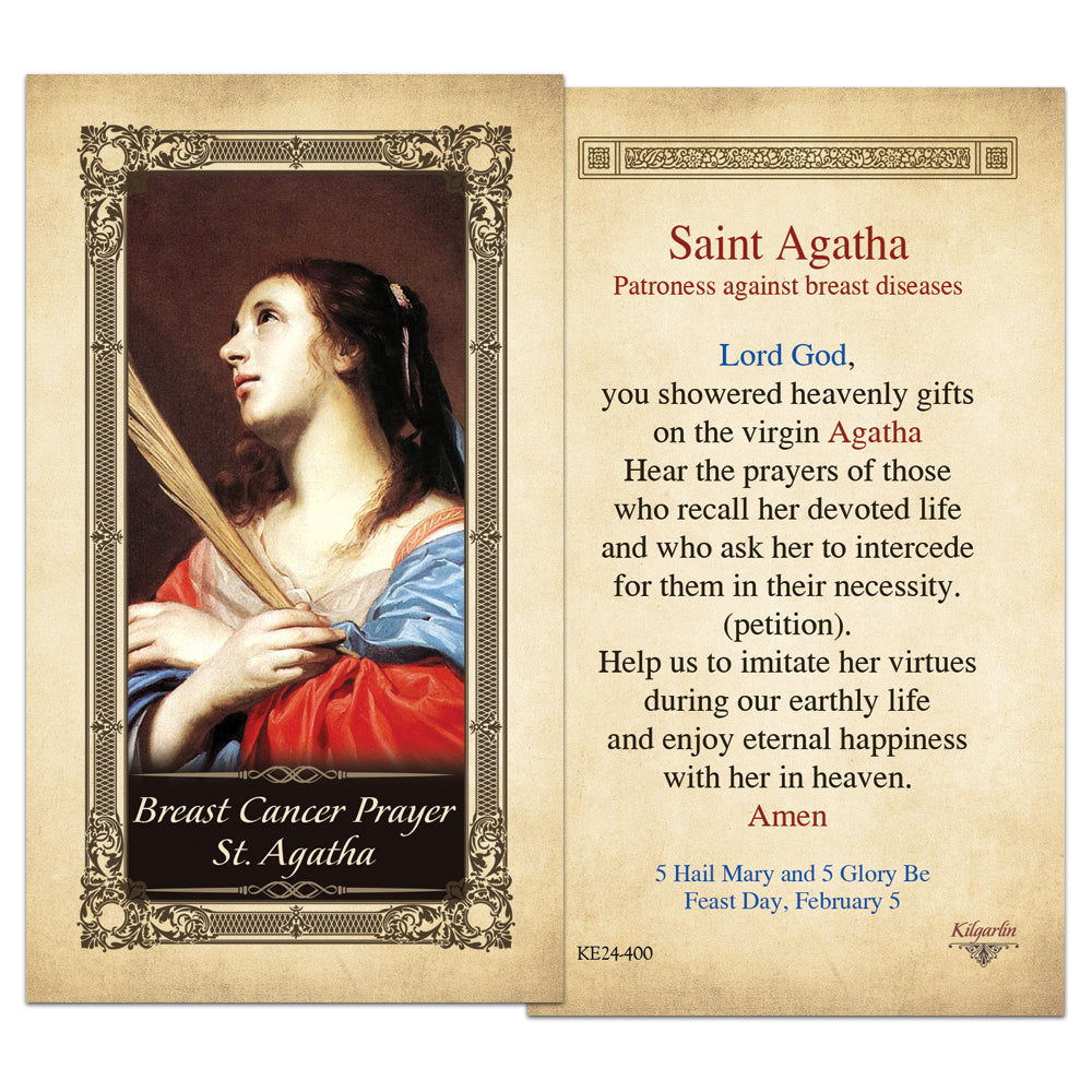 St. Agatha prayer card with sacred artwork, healing petition and February 5 feast day