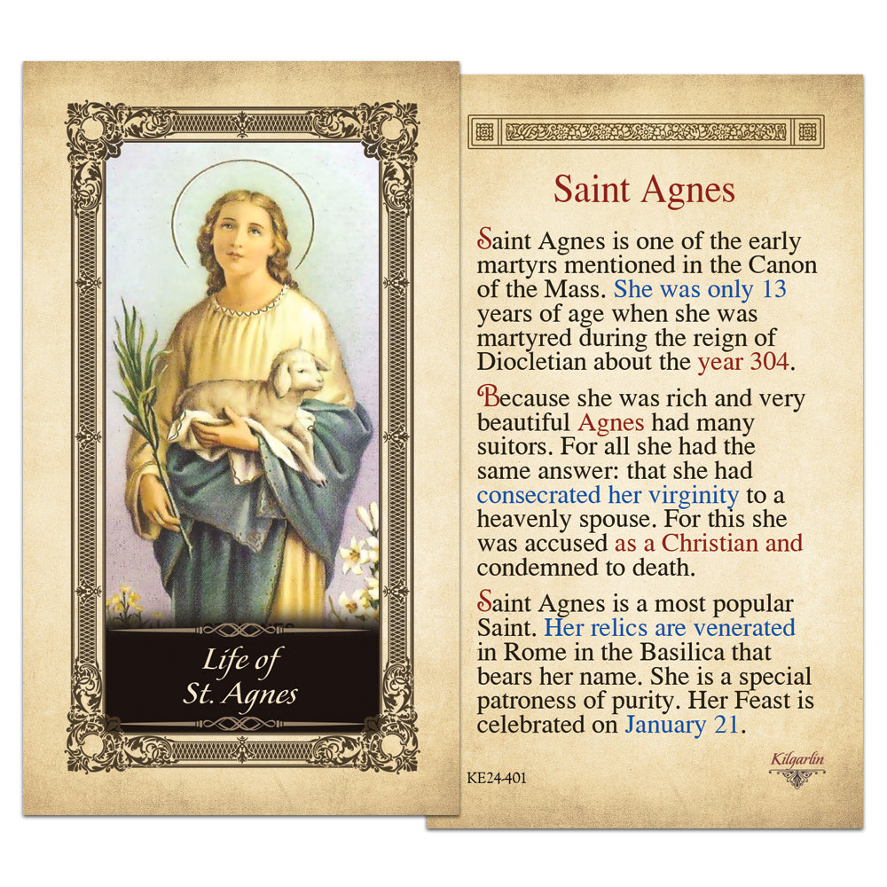 St. Agnes Catholic prayer card featuring sacred image, martyr biography, and feast day details