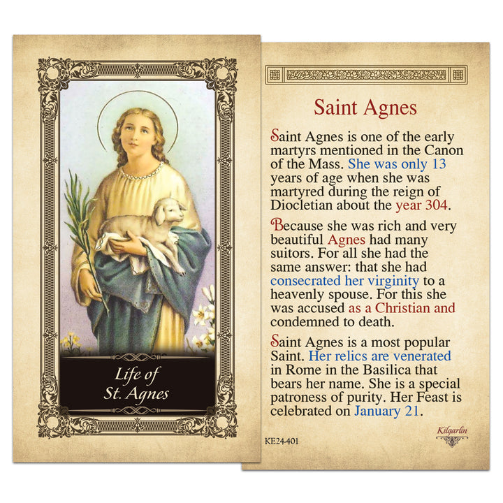 St. Agnes Catholic prayer card featuring sacred image, martyr biography, and feast day details