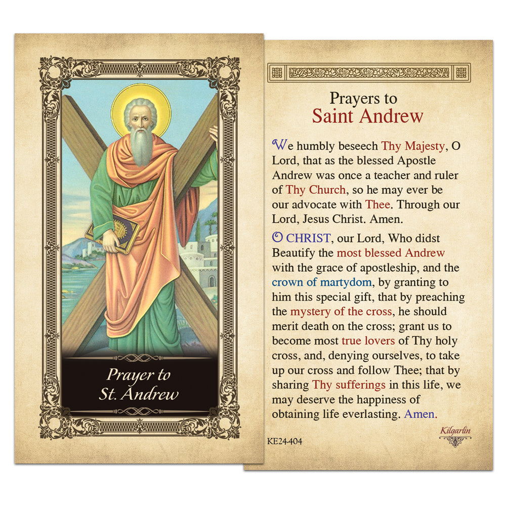 St. Andrew Catholic prayer card with prayers for discipleship martyrdom and following Christ