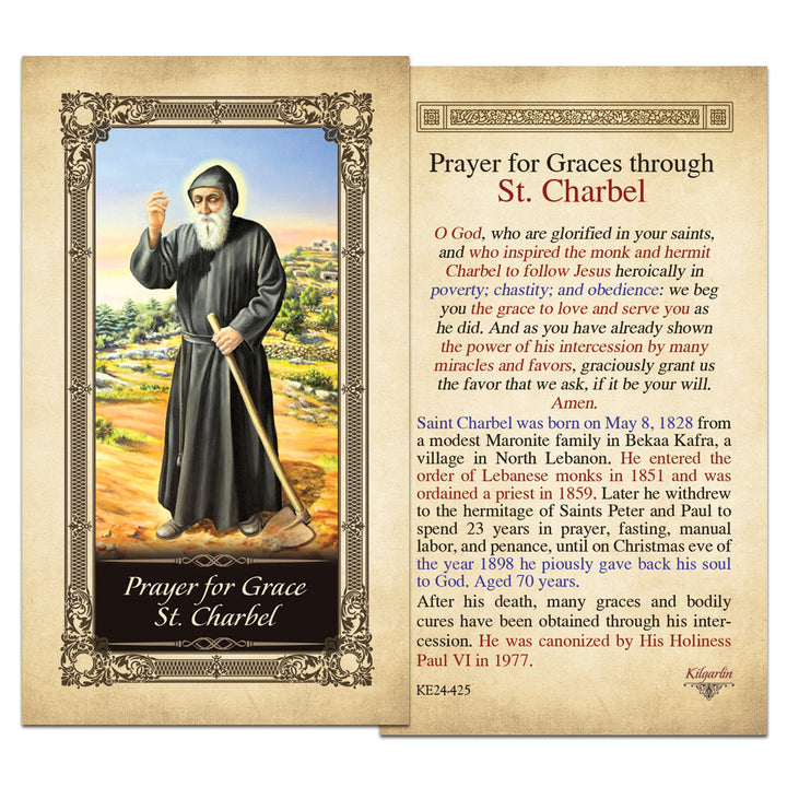St. Charbel laminated Catholic prayer card with Prayer for Graces text