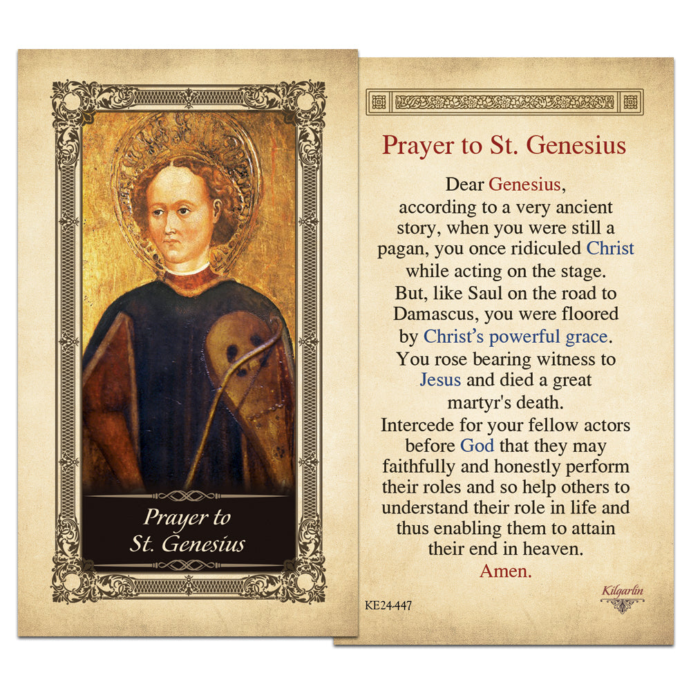 St. Genesius Catholic prayer card with prayer for actors performers and theater professionals
