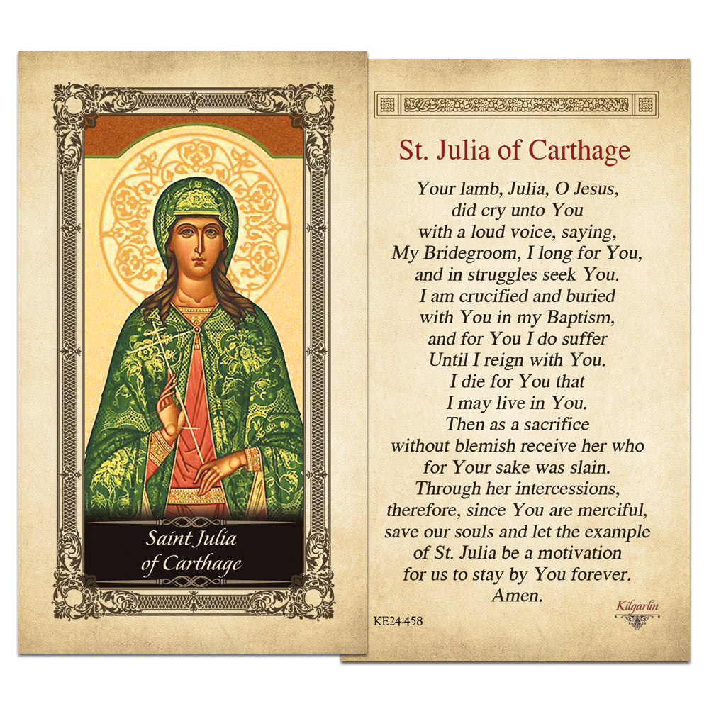 St. Julia of Carthage Catholic prayer card with martyr prayer and gold accents