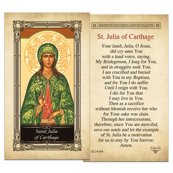 St. Julia of Carthage Catholic prayer card with martyr prayer and gold accents