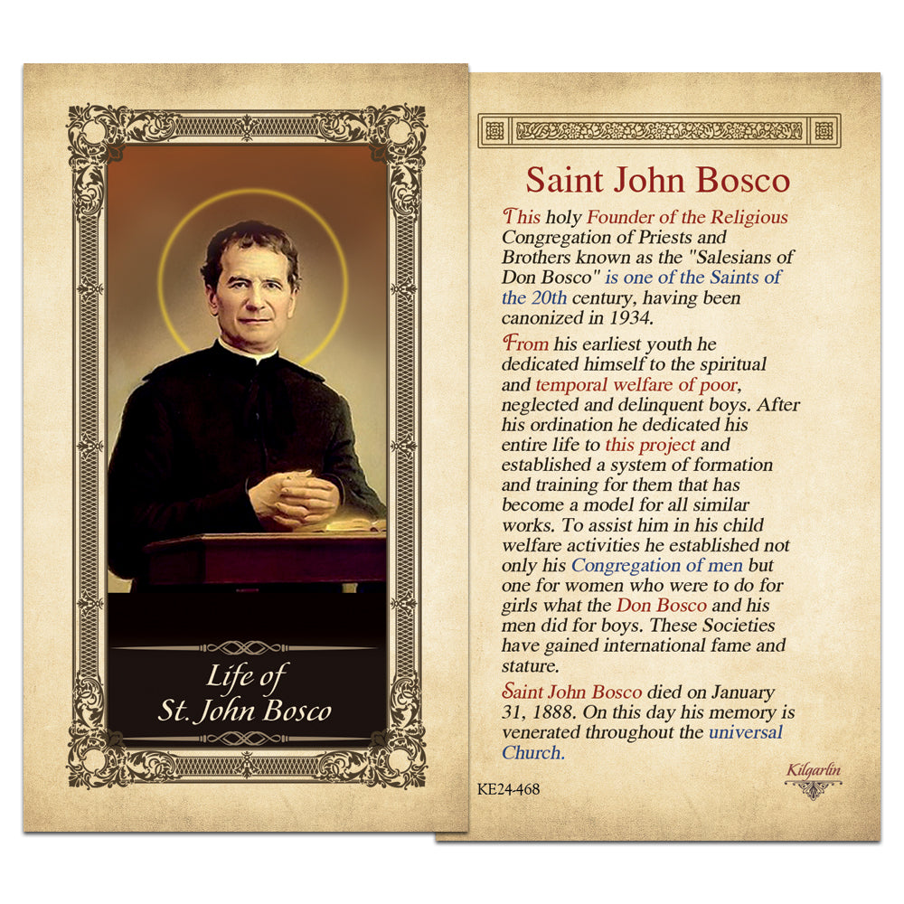 Life of St. John Bosco Catholic card with biography and January 31 feast remembrance