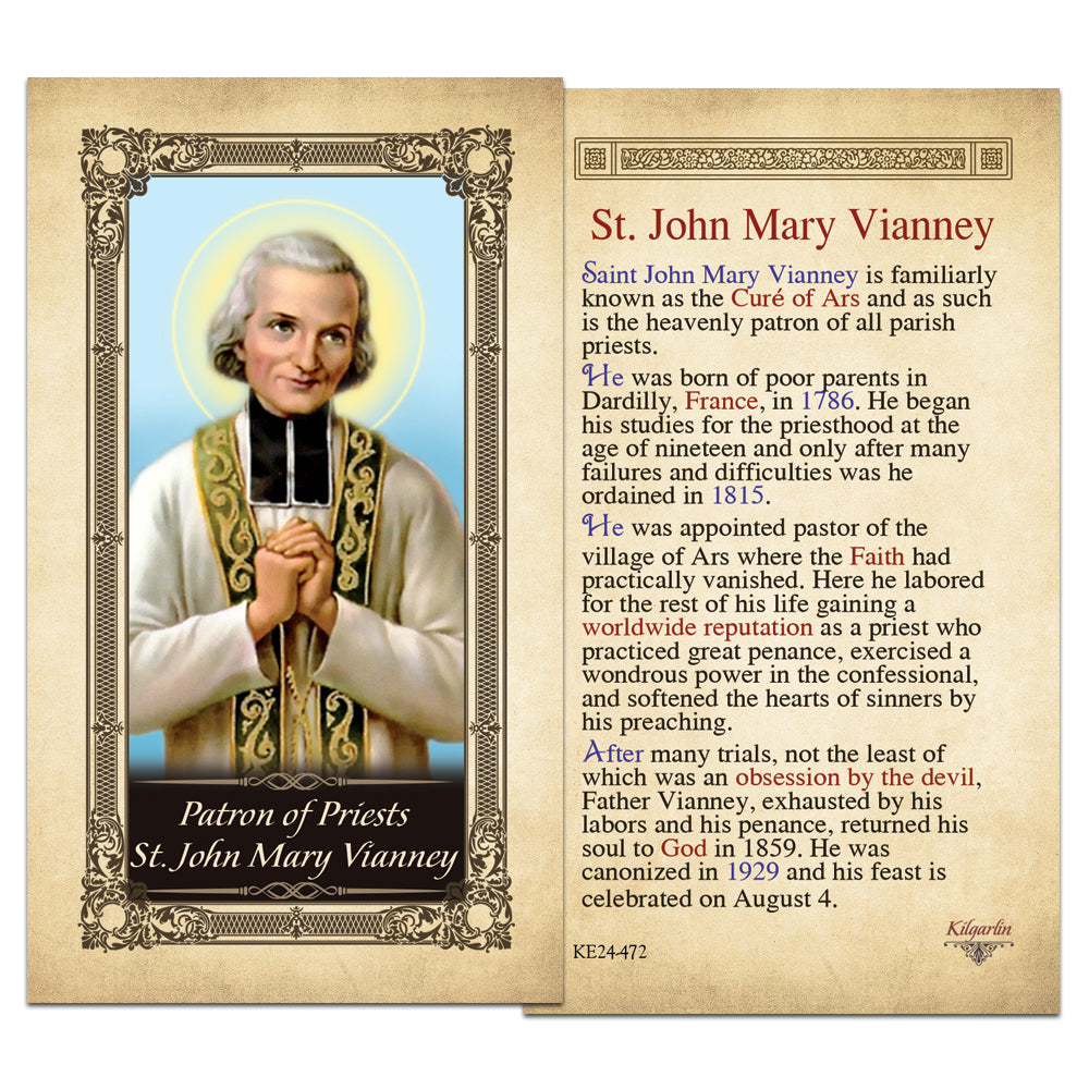 Curé of Ars St. John Vianney Catholic card with biography and August 4 feast day
