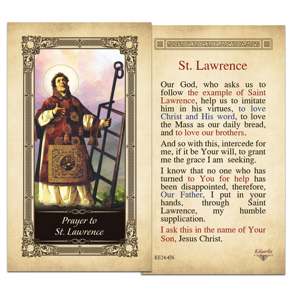 St. Lawrence Catholic prayer card with prayer for virtue, faith and special intentions