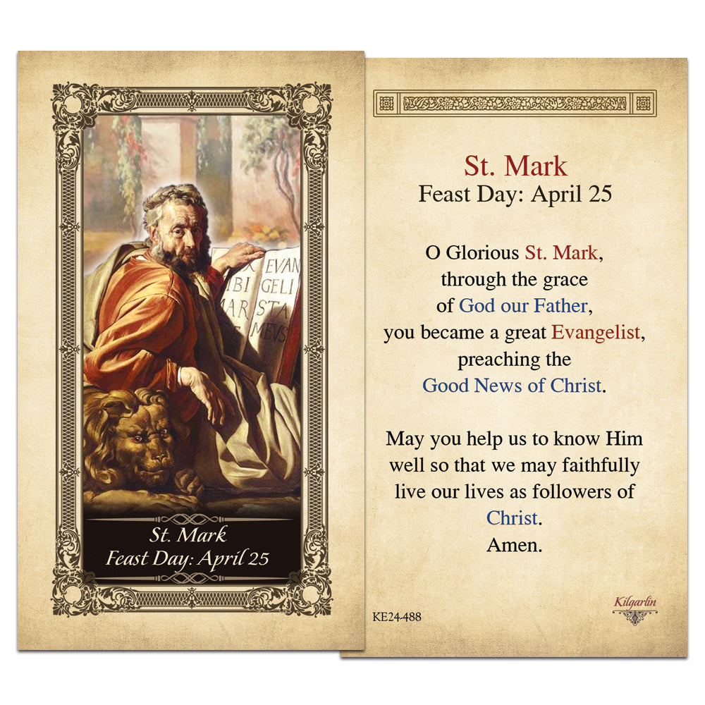 St. Mark Catholic prayer card with April 25 feast day and prayer on back