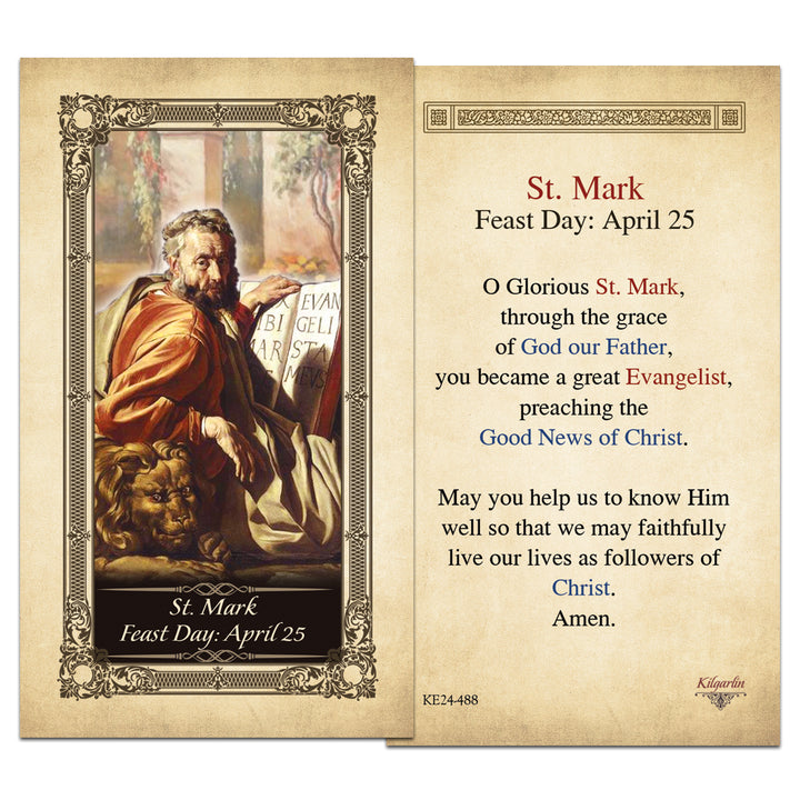 St. Mark Catholic prayer card with April 25 feast day and prayer on back