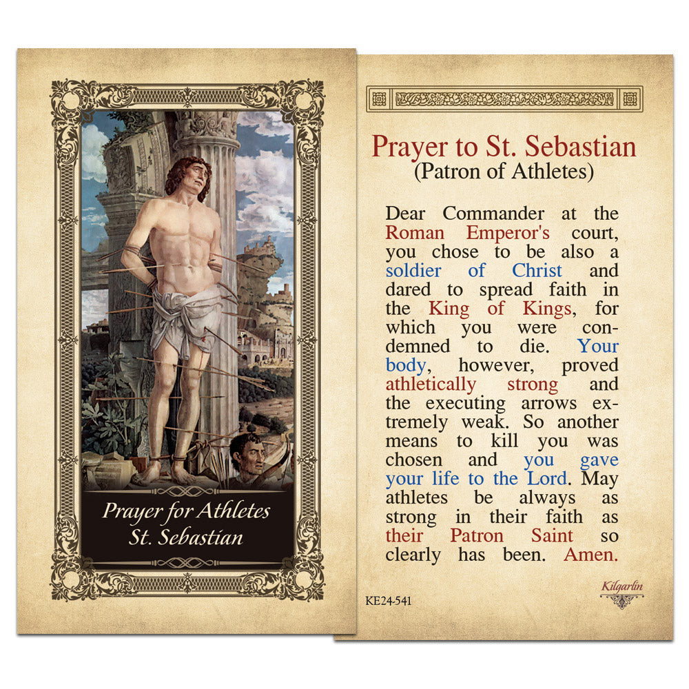 St. Sebastian laminated Catholic prayer card with Prayer for Athletes