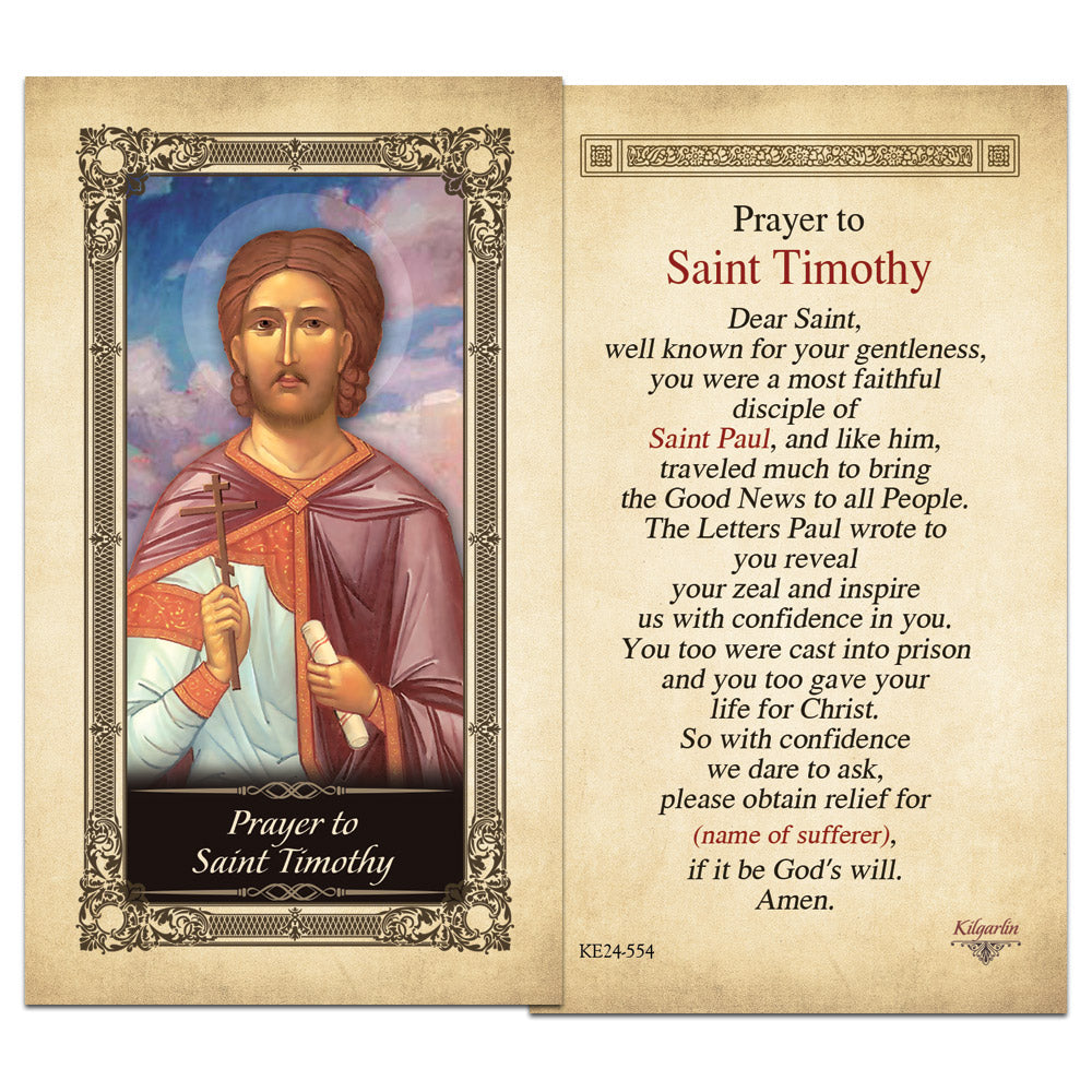 Saint Timothy laminated Catholic prayer card with prayer for relief from suffering
