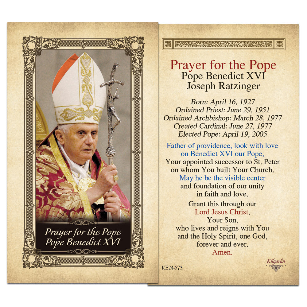 Prayer for Pope Benedict XVI Catholic prayer card with biographical details