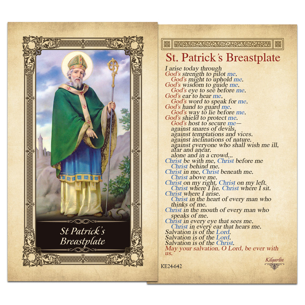 Back of St. Patrick's Breastplate Kilgarlin Laminated Prayer Card with Christ be with me protection prayer for Catholic prayer and St. Patrick's Day.
