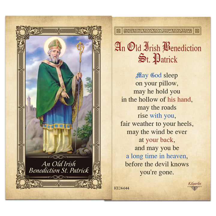 Back of An Old Irish Benediction St. Patrick Kilgarlin Laminated Prayer Card featuring a traditional Irish blessing for protection, travel, and St. Patrick’s Day.