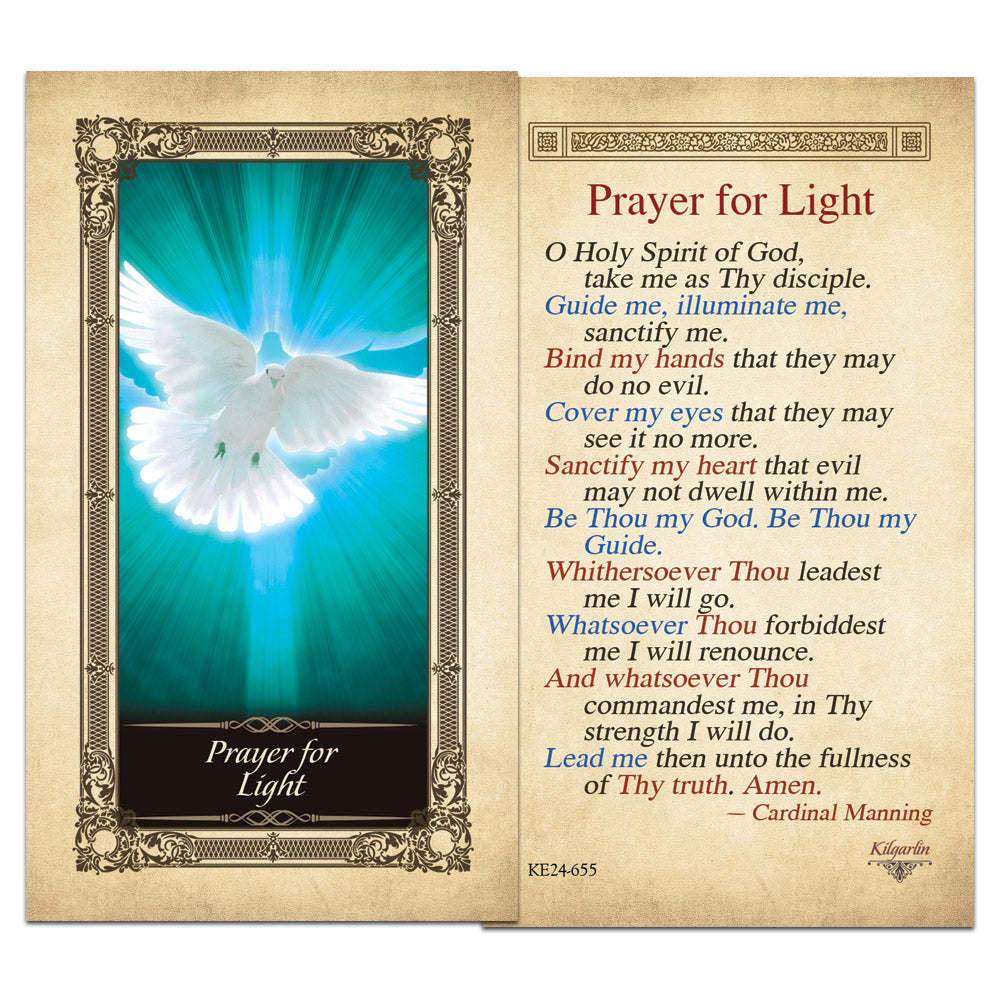 Back of Prayer for Light Kilgarlin Laminated Prayer Card featuring Cardinal Manning’s Holy Spirit prayer for guidance, purity, discernment, and strength