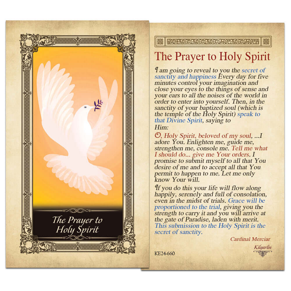 Holy Spirit laminated Catholic prayer card with Cardinal Mercier prayer text