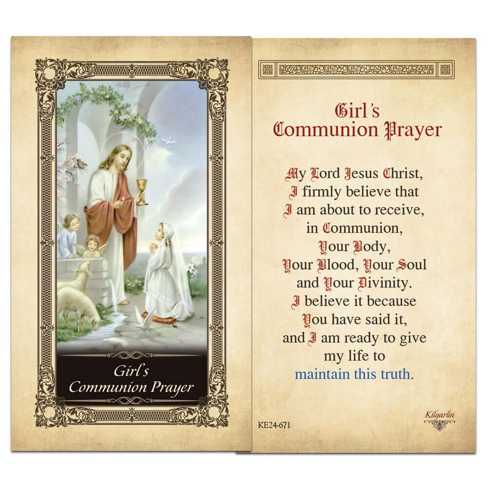 Back of Girl's Communion Prayer Kilgarlin Laminated Prayer Card featuring a First Holy Communion prayer affirming faith in the Body, Blood, Soul, and Divinity of Jesus Christ.