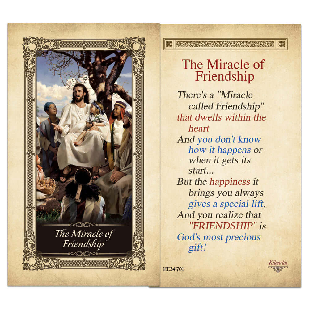 The Miracle of Friendship laminated Catholic card with inspirational friendship verse
